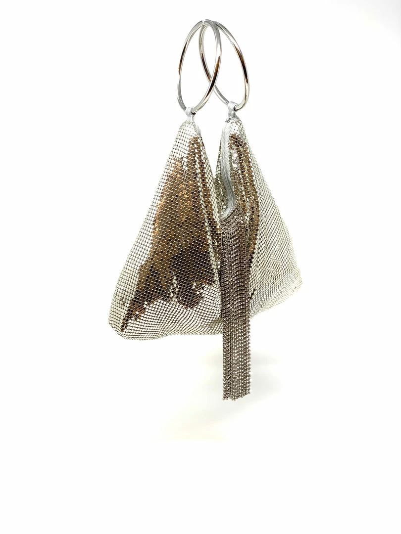 Whiting And Davis Silver Triangle Mesh Cascade Bracelet Clutch Evening Bags