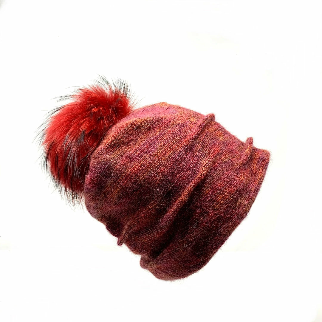 Angiolo Frasconi Hats AF Mohair Wool Pom Pom Knit Hat Red