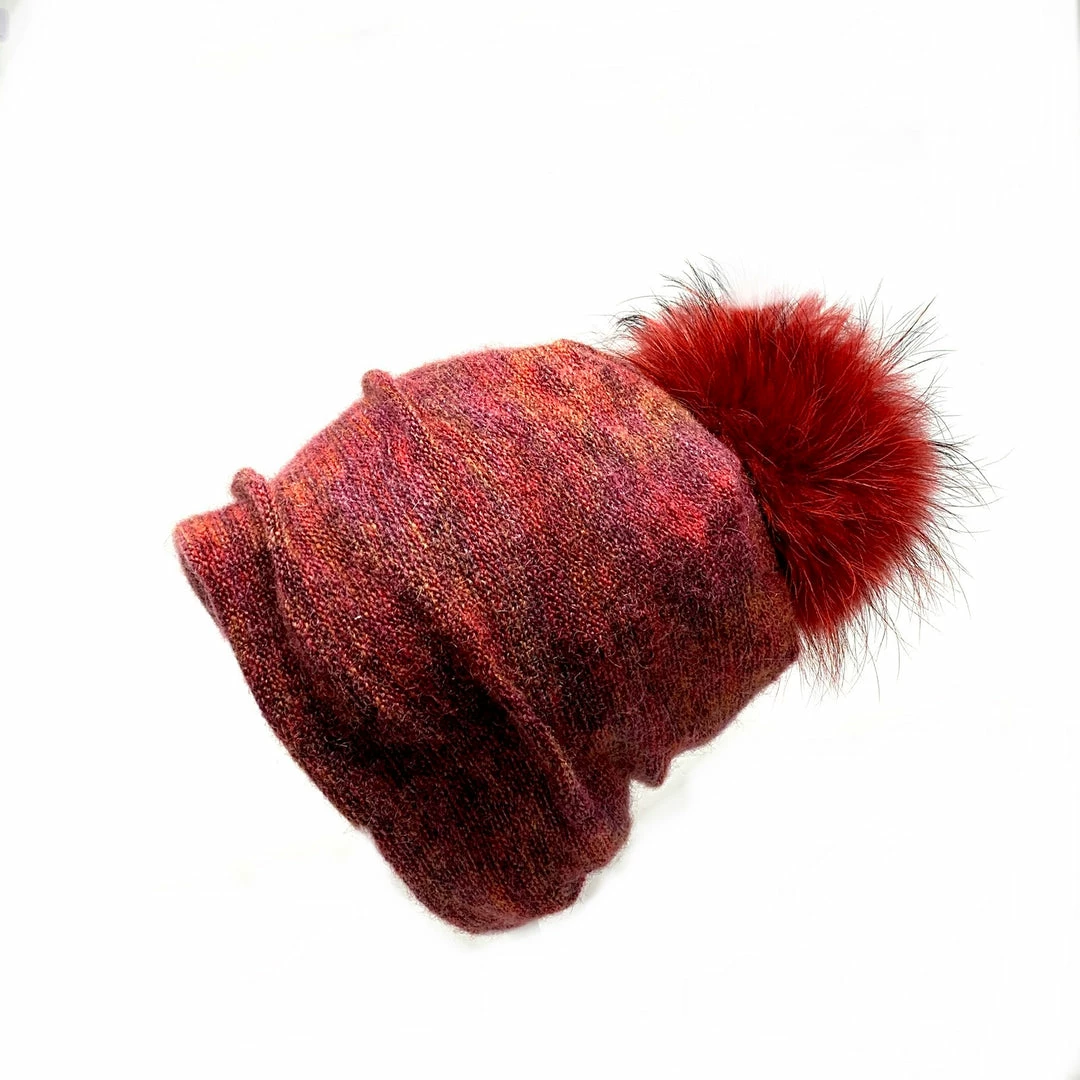 Angiolo Frasconi Hats AF Mohair Wool Pom Pom Knit Hat Red