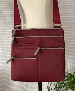 Highway Buzz Bags NICO- Small Nylon Multi-Pocket Bag | WINE And SAGE | Adjustable Cross-Body Strap